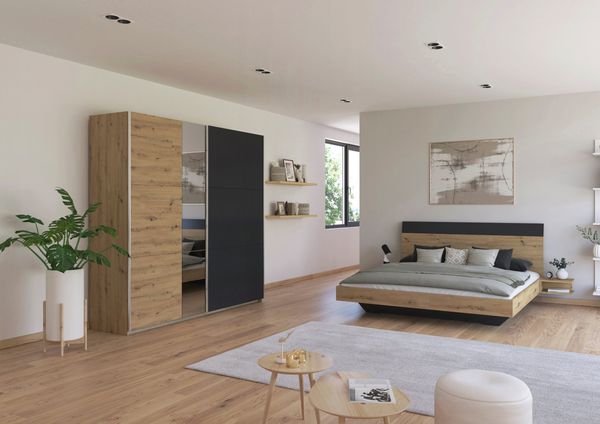 Schlafzimmer Monza Grau mit Schwebetürenschrank mit oder ohne Spiegel im Dekor Eiche Artisan und Grau Metallic – in verschiedenen Varianten wählbar - 4 teilig , Kleiderschrank mit Spiegel + Bett 180x200cm + 2 Nachttisch