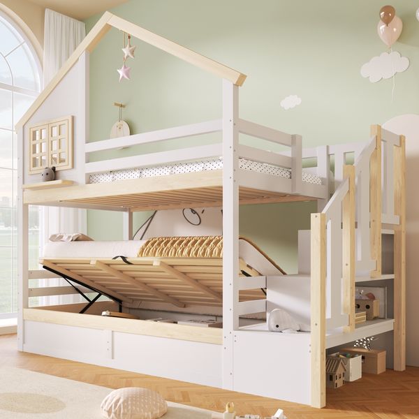 Etagenbett, 90x200cm, Hydraulische, mit Bettgitter, Stauraum unter dem Bett, Fenster- und Hausdekoration, Wei? + Natur