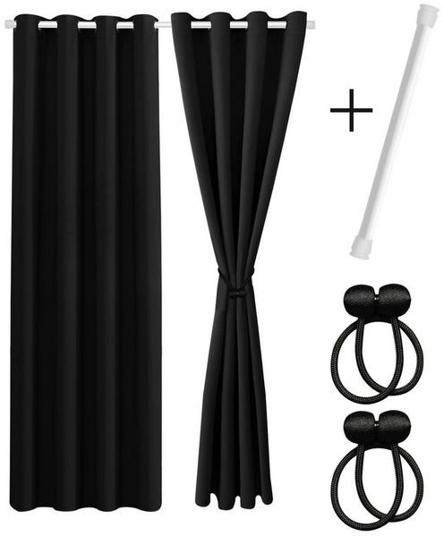 Cozyor Vorhang Set mit 2x Gardine + 2x Vorhanghalter + 1x Gardinenstange ohne Bohren, Ösen (2 St), verdunkelnd, Mikrofaser Polyester, schwarz Eclipse, Raumteiler blickdicht, Thermovorhang 220x135cm inklusive Magnethaltern
