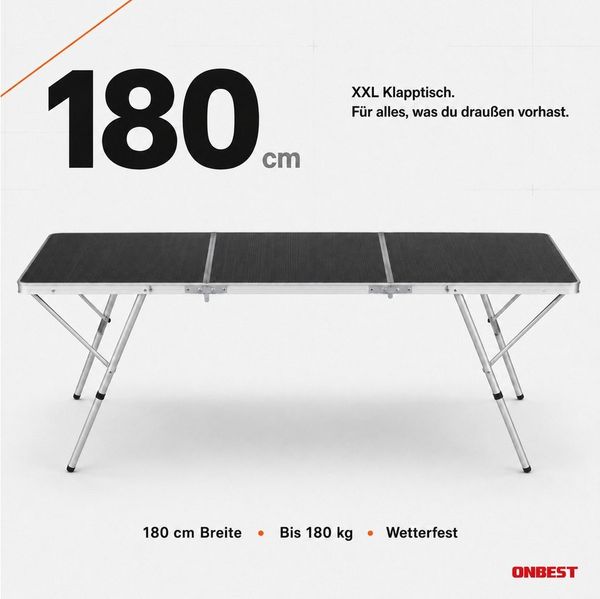 Onbest Klapptisch Campingtisch Falttisch Sylt mit Aluminiumgestell Tragegriff, rutschfest, 180cm, klappbar, MDF-Platte