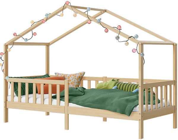 Bellabino 'Bia' Hausbett 90x200 cm, natur, Kiefer Massivholz, Montessori Kinderbett mit Rausfallschutz und Lattenrost Bild 11