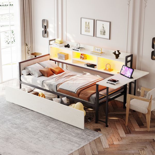 Einzelbett 90×200 cm mit LED, Schubladen und Klappschreibtisch, Weiß, ohne Matratze