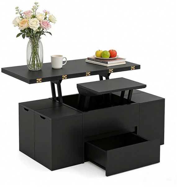 KOMFOTTEU Couchtisch, 3-in-1 Multifunktionaler Wohnzimmertisch mit 4 Stühlen & Schublade