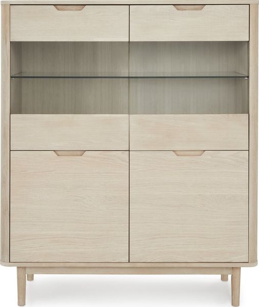 Highboard Gorbin Eiche Whitewash 146 cm - Glas-Highboard mit LED & Soft-Close