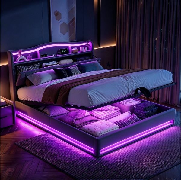 Furnishings Home Polsterbett Stauraumbett LED Doppelbett (1-tlg, Inkl. Komforthöhe Lattenrost, Leises Design Bett), Mit Bettkasten, RGB Beleuchtung, Ladefunktion