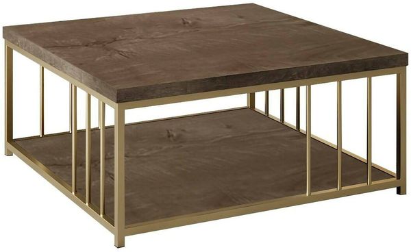 Dmora Wohnzimmertisch Raiden, Niedriger Wohnzimmertisch, Kaffeeregal, Couchtisch für Sofa, 90x90h40 cm, Walnuss und Gold
