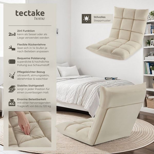tectake Relaxsessel Fernsehsessel Snooze, 2 in 1 Samt, 14-fach verstellbar, 2 in 1 als Sessel oder Liege, gepolstert, mit Samtbezug