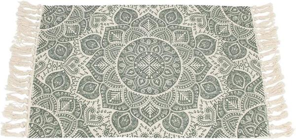 Bodenmatte "Mandala" in grün & beige, 60x90 cm, aus 50% Baumwolle, Teppich mit Fransen