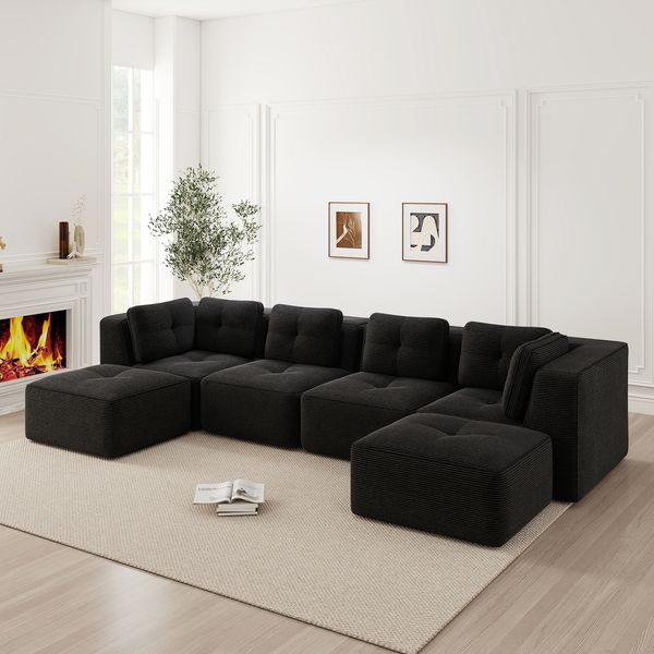 4-Sitzer Sofa 386x177x69 cm aus Cordstoff rahmenlos modular mit 2 Ottomanen, schwarz