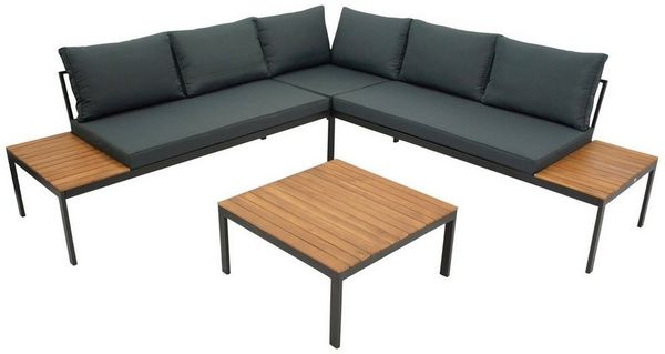 DEGAMO Gartenlounge-Set RANGUN, Ecksofa 225x225cm + Tisch, Stahl verzinkt + Akazie, Polster grau