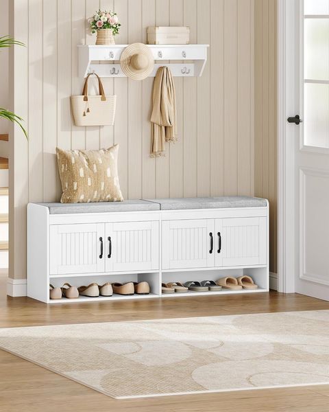 Schuhschrank, 140 cm, Schuhbank mit Sitzfläche, Schuhschrank mit Sitzbank, Freifläche, Versteckter Stauraum, für Wohnzimmer, Foyer und Eingangsbereich, 35 x 140 x 54 cm, Weiß