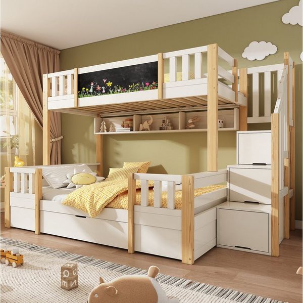 Flieks Etagenbett, Kinderbett 90/140x200cm mit Kreidetafel Stauraumtreppe Schublade Regal