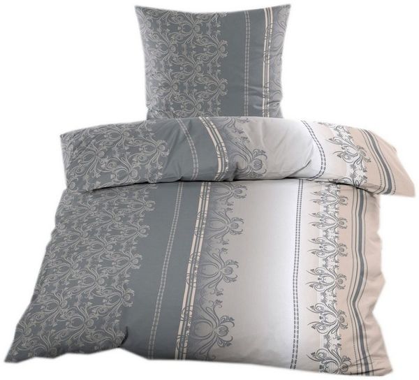 Casa Colori Bettwäsche Biber 2 tlg. 135x200 cm mit Reißverschluss 100% Baumwolle, Biber, 2 teilig, Anthrazit Taupe mit Ornamente