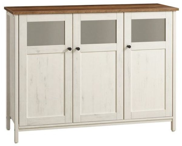 VASAGLE Küchenschrank mit Sichtfenster, Aufbewahrungsschrank im Industrie-Stil, für Esszimmer, Stahlrahmen, braun-weiß