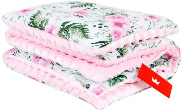 BABYLUX Babydecke MINKY PLÜSCH Kuscheldecke Decke 75x60 cm + KISSEN 2 Tlg Set (MP110 - Rosa + Blumen) Bild 4