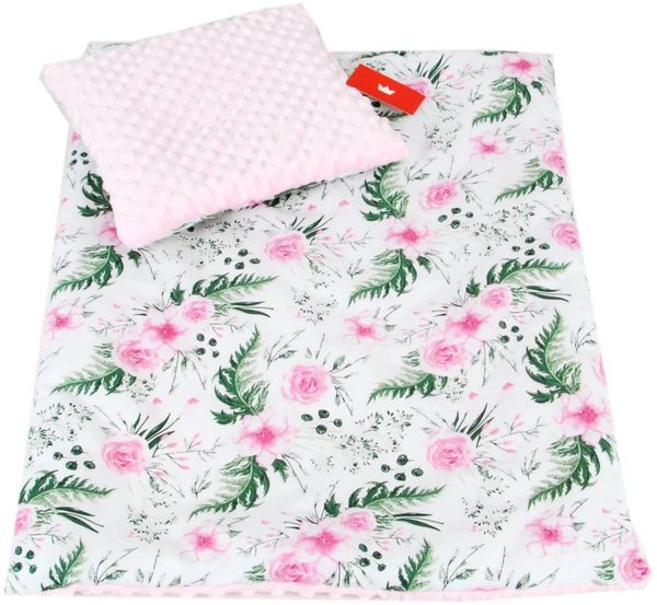 BABYLUX Babydecke MINKY PLÜSCH Kuscheldecke Decke 75x60 cm + KISSEN 2 Tlg Set (MP110 - Rosa + Blumen) Bild 3