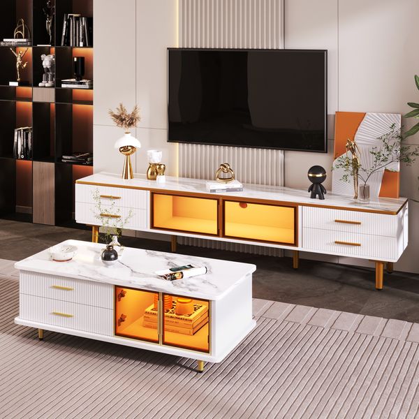 Couchtisch aus Spanplatte mit LED & Glasfront, 100x50x40 cm, Weiß/Gold