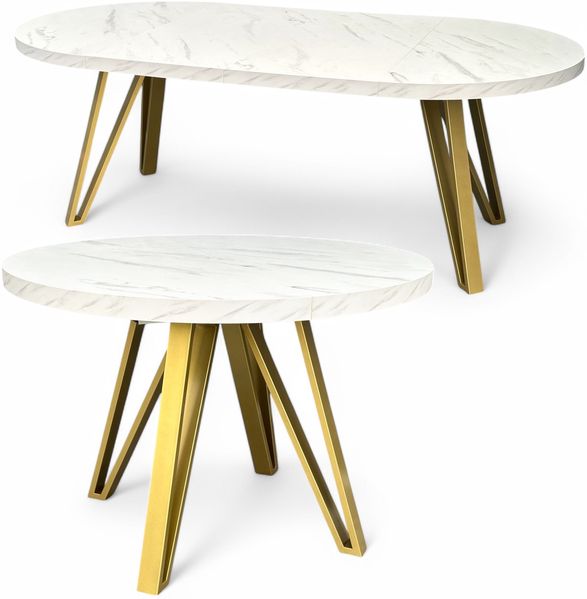 Runder Ausziehbarer Esstisch Weißer Marmor (Ø100/200 cm) mit Goldenen Metallbeinen