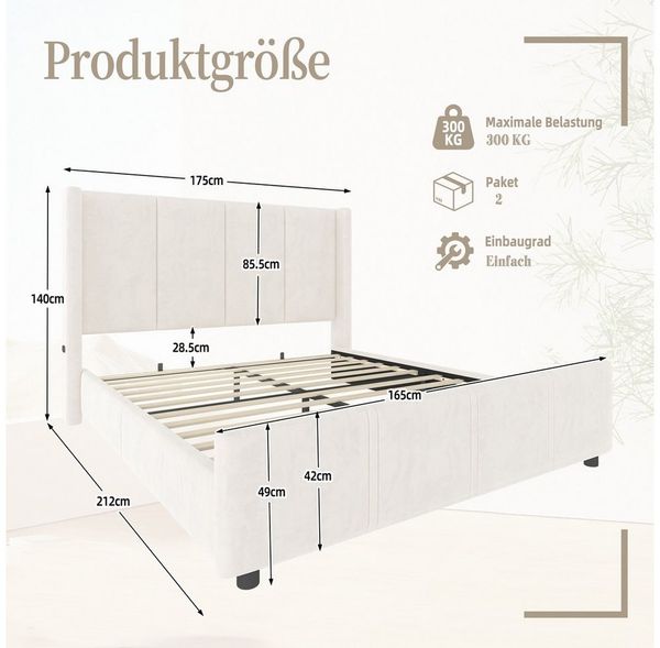 Celya Polsterbett Doppelbett, hohes Kopf- und Fußteil, zertifizierter USB-Anschluss (Ohne Matratze, Kombination aus Eisenrahmen und Holzplatte, stabil und langlebig), 160x200 cm stilvoller, moderner Polsterbettrahmen