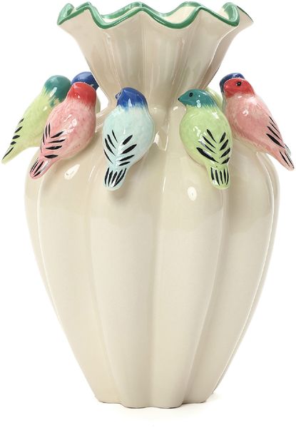 Hometopia Aria Vase mit bunten Vögeln aus Keramik, Blumenvase beige/creme, Höhe 39 cm