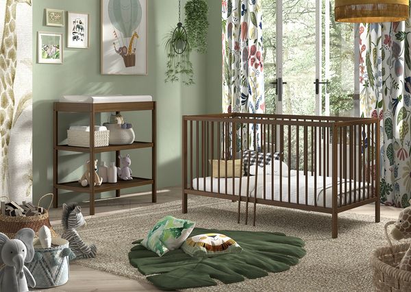 DINO Baby-/Junior Set best. aus Baby/Juniorbett und Wickelregal, Buche massiv Farbe Nussbaum