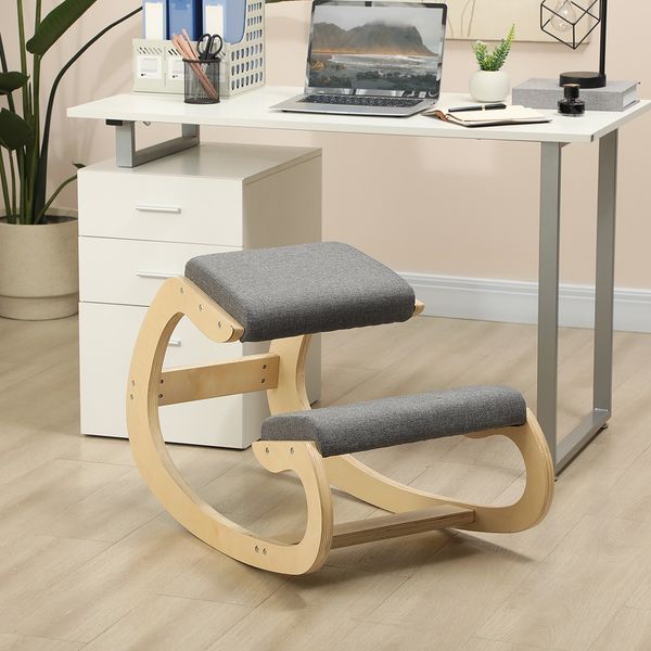 Stuhl 54,5x85x54 cm, ergonomischer Kniestuhl, schaukelnd, Birkenholz, Grau