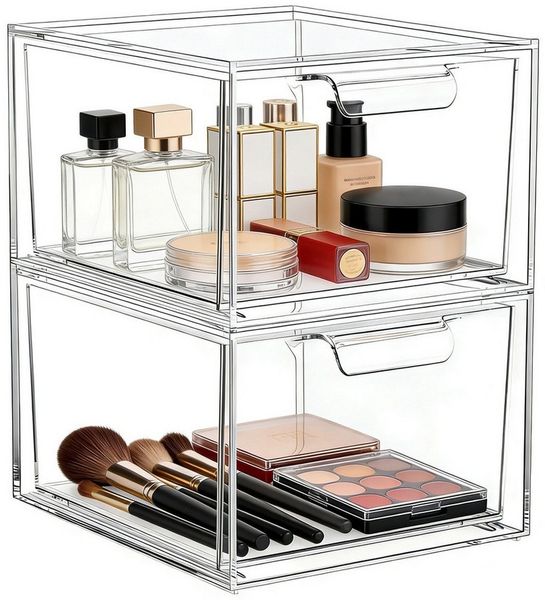 OSTWOLKE Make-Up Organizer 2er Stapelbare Acryl Kosmetik Organizer Schubladen Organizer, 2-tlg, für Schminktisch Schreibtisch Badezimmer Schlafzimmer UnterWaschbecken