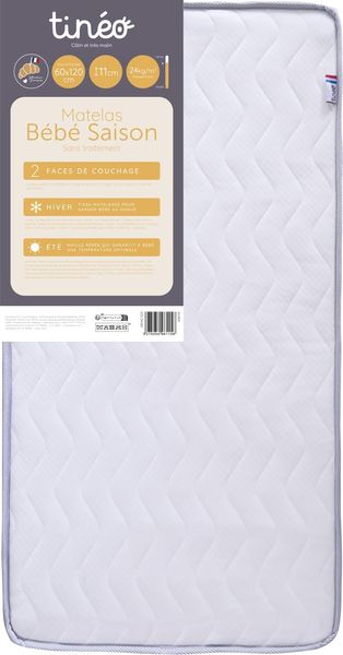 TINÉO - Babymatratze Season 60 x 120 x 11 cm – Babymatratze – 2 Seasons – 1 Sommerseite – 1 Seite Winter – Keine Behandlung – Dichte 24 kg/m
