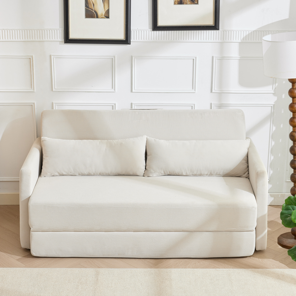 Schlafsofa Beige 165x92x82 cm, 2-Sitzer aus Cordstoff, klappbar mit Schlaffunktion und 2 Lendenkissen