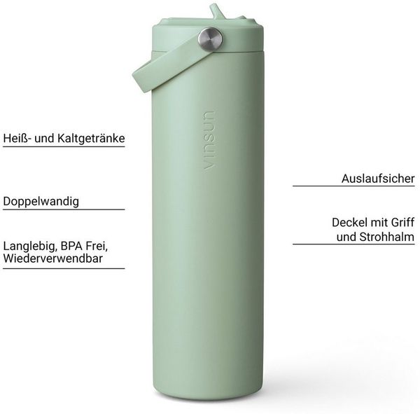 Vinsun Isolierflasche Thermoflasche 750ml mit Strohhalm - Sport Trinkflasche mit Tragegriff, Auslaufsicher, doppelwandig isoliert, geruchs- und geschmacksneutral