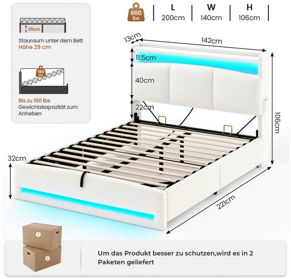 MSMASK Polsterbett mit Steckdosen und LED-Beleuchtung, Doppelbett mit Stauraum Kopfteil (1-tlg, Ohne Matratze), Hydraulik-Stauraumbett, Jugendbett 140x200cm
