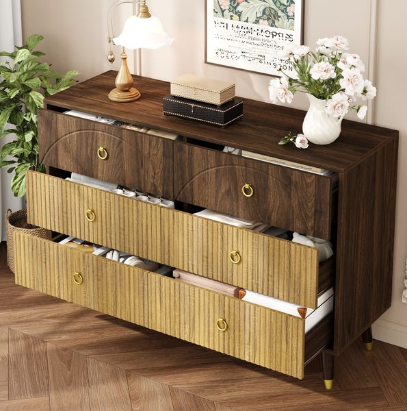 Sideboard 120 x 40 x 81 cm mit 6 Schubladen – Kommode in Natur aus MDF mit Ablagefläche
