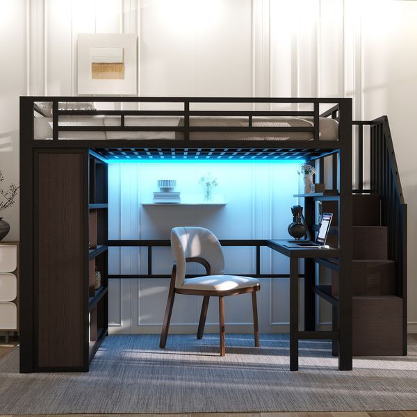 Merax Hochbett, 140 x 200 cm, Kinderbett, Einzelbett, Eisenrahmen, mit Schreibtisch, Ablagefach, LED-Lichtleiste, Treppenkonstruktionen mit Stauraum, ohne Matratze, Schwarz