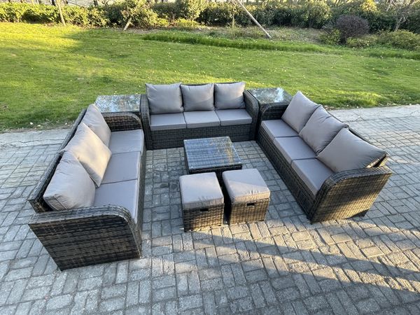 Fimous 11-Sitzer Rattan Gartenmöbel Set im Balkon Set Patio Garten Sofa Set mit Quadratischer Couchtisch 3-Sitzer Sofa 2 kleine Fußhockern 2 Beistelltischen Dunkelgrau Gemischt