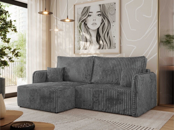 L-förmiges Ecksofa mit Armlehnen, für das Wohnzimmer, Schlaffunktion und Bettkästen, Wellenfeder am Sitz, losen Kissen - MESTO - Dunkelgrau Cord - linke Seite