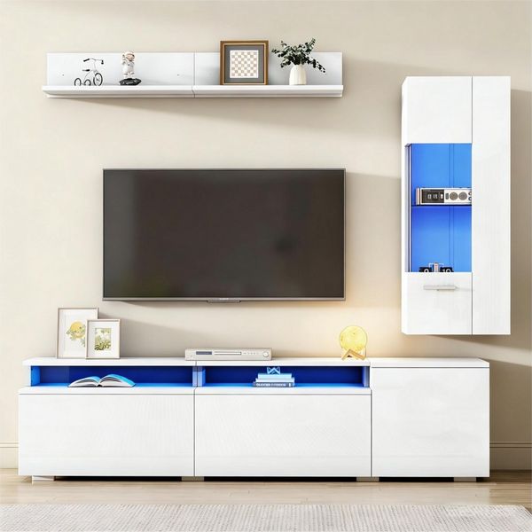 KLAM HOME Wohnwand 3-tlg. TV Wohnwand Set Weiß Hochglanz mit LED, (Wohnzimmer Möbel Set für TV bis 80 Zoll), TV Schrank + Vitrine + Hängeregal mit Beleuchtung