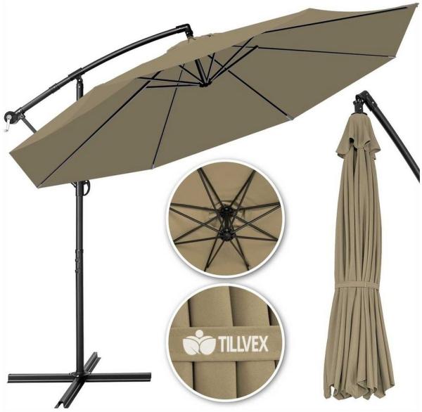 tillvex Sonnenschirm Braun Ø 300 cm Ampelschirm Gartenschirm Marktschirm Kurbel Balkon Alu Neigbar