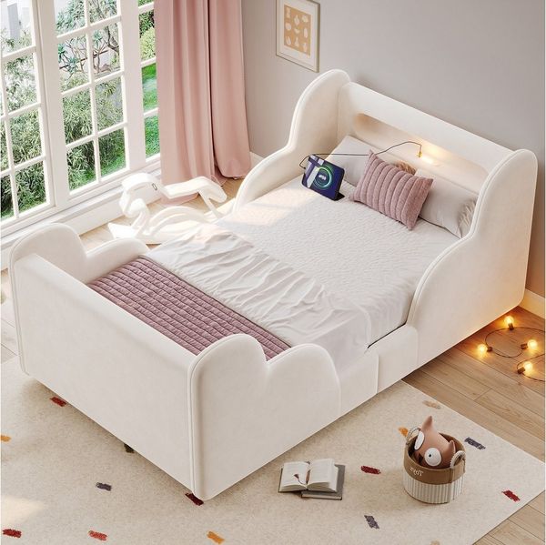 Flieks Polsterbett, Kinderbett 90x200 cm mit Schutzgeländer, Nachtlicht, USB-Ladeanschluss