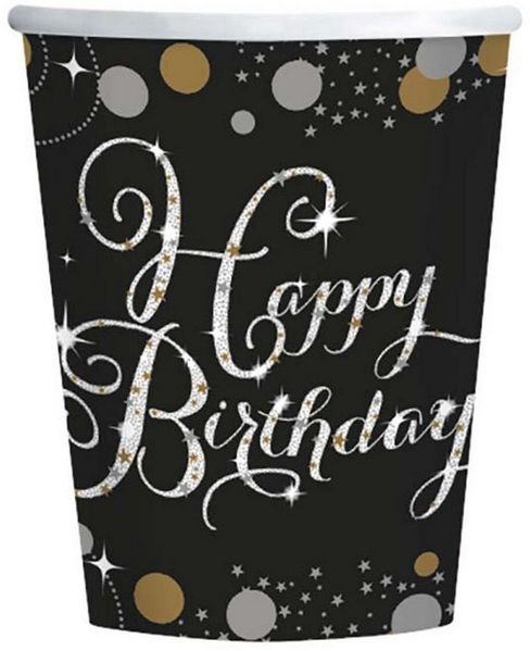 Amscan Einwegbecher Pappbecher Sparkling Happy Birthday 250ml/8Stk, Papier, Pappe