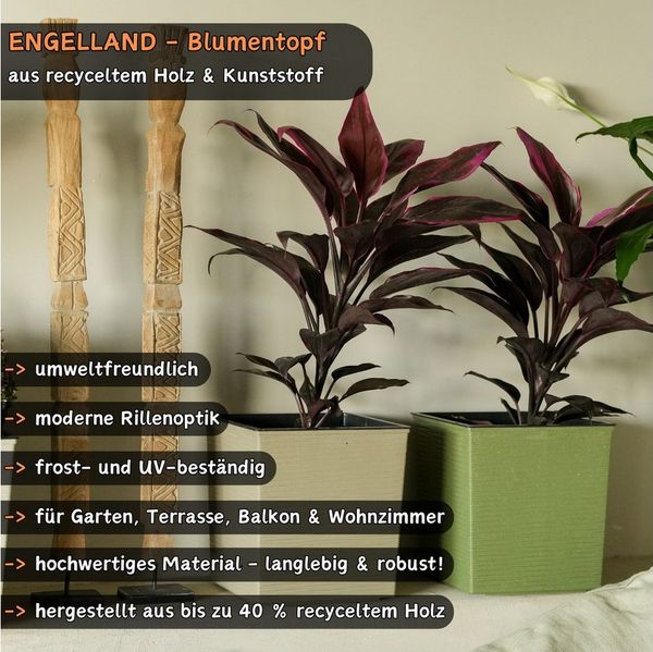 Engelland Pflanzkübel Blumentopf aus recyceltem Kunststoff & Holz (WPC), Rillenoptik (UV-beständig, wetterfest, quadratisch), Blumenkübel für Garten, Balkon, Terrasse, Innen- und Außenbereich