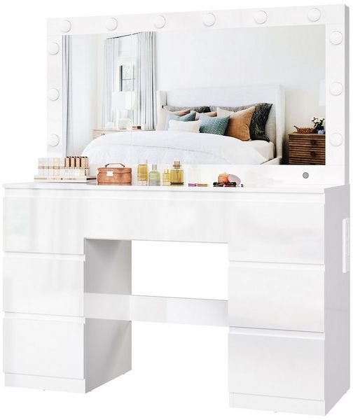 Furnicopia Schminktisch Großer verspiegelter Schminktisch mit sieben Schubladen (Abmessungen: 120 × 40 × 140 cm, 2 Steckdosen, 1 USB-Anschluss, 1 Typ-C-Anschluss. Spiegeldurchmesser: 106 cm. Inklusive Schmuckschrank mit speziellen Fächern für Halskette...