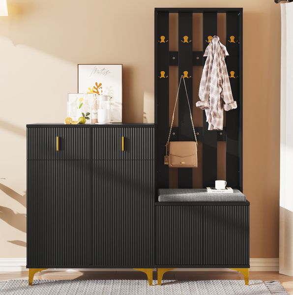 Flurschrank-Set - Elegante Garderoben-Kombination in Schwarz mit Schuhschrank - 60,5x35,2x180,5 cm + 83×35×101 cm
