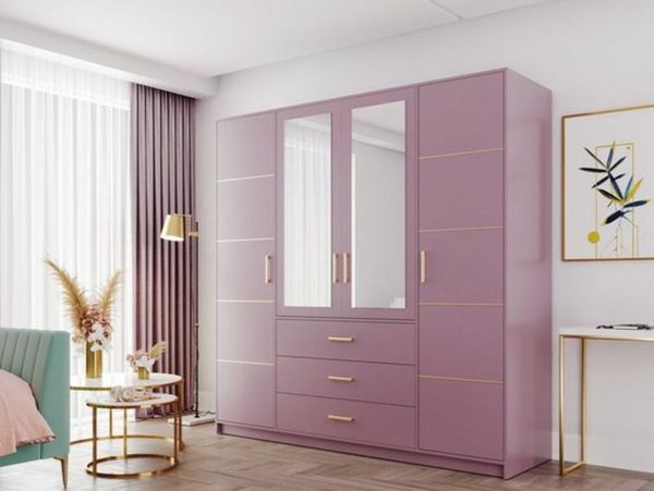 Compleo Kleiderschrank mit 4 Türen und Spiegel, Garderobe mit 3 Schubladen ALEX II Gold griffe