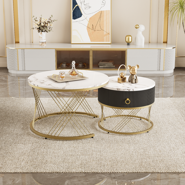 Zusammensetzbarer Couchtisch-Set Marmoroptik mit Goldakzenten & Schublade - 70x70x45 + 50x50x40 cm