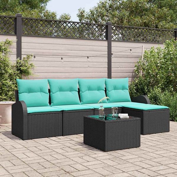vidaXL Sofa Set mit Kissen 6 pcs Schwarz und Türkis Poly-Rattan 3354685