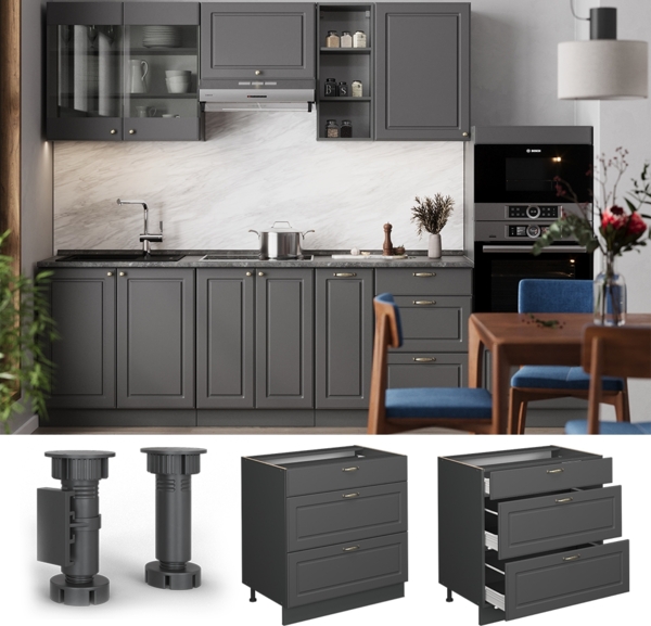 Küchenunterschrank Fame-Line Anthrazit-Gold Landhaus 80 cm mit 3 Schubladen, AP Marmor Vicco Bild 4