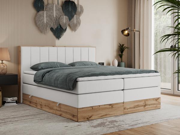 Boxspringbett BELLISSIMO KING, Doppelbett mit Multipocket-Matratze, Polsterbett mit Kopfstütze - 200 x 200 cm - Weiß Kunstleder - H3