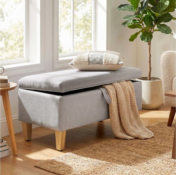 HOMCOM Sitzbank Polsterbank 71 x 37 x 36 cm mit aufklappbaren Deckel (Gepolsterte Bank, 1-St, inkl. Sitzkissen), für Wohnzimmer, Schlafzimmer, Flur, Hellgrau