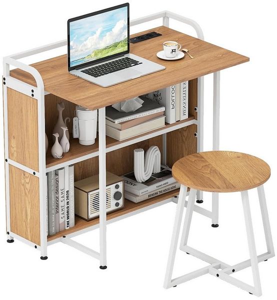 COSTWAY Schreibtisch (mit Hocker), mit Steckdose, Klapptisch Beistelltisch Metall