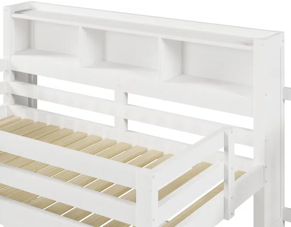 Hochbett mit RGB LED-Streifen, Stauraum, Lattenrost, Rausfallschutz und Regal, Treppe mit Regal, 90x200 cm, Kinderbett, Einzelbett, Kiefer Bild 10